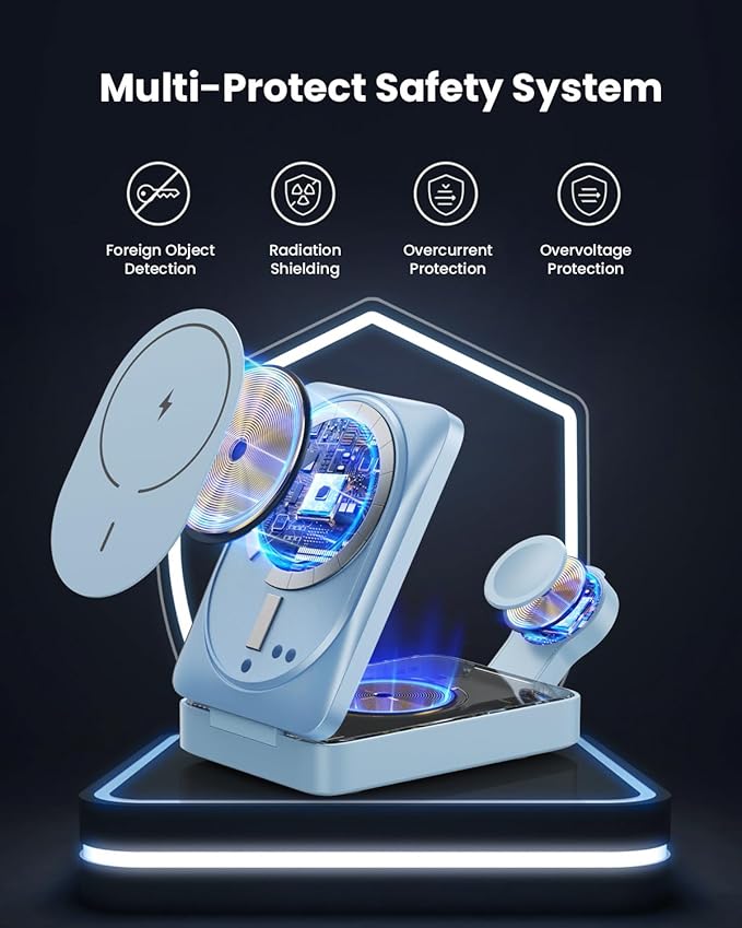 3 in 1 Wireless Charger Charging Station for iPhone,Travel Foldable Magnetic 15W Fast Wireless Charger Stand for Mag-Safe with 30W USB C Adapter for iPhone 17/16/15/14/13/12,Apple Watch,AirPods