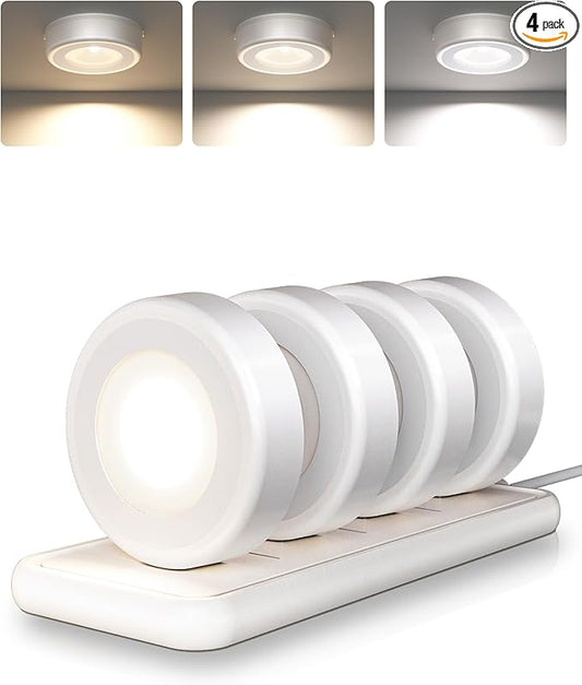 EZVALO LED Puck Lights with Charging Station, Rechargeable Stick On Tap Lights, Wireless Closet Light, 3 Color Temps, Under Cabinet Lights, 2.5'' Mini Touch Light for Kitchen,Pantry,Shelves(4 Pack)