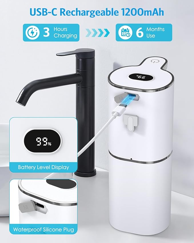 2PCS Automatic Liquid Soap Dispenser, Touchless Soap Dispenser Digital Display, Rechargeable, 6 Adjustable, 12.8oz/380ml, Waterproof, Wall Mount, Countertop for Bathroom, Kitchen Dish Soap