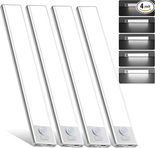 10inch Under Cabinet Lighting, 4 Pack Rechargeable Motion Sensor Light Indoor, Wireless Dimmable Magnetic Closet Lights, 40 LED Under Counter Lights for Kitchen, Wardrobe, Stairs, White Light