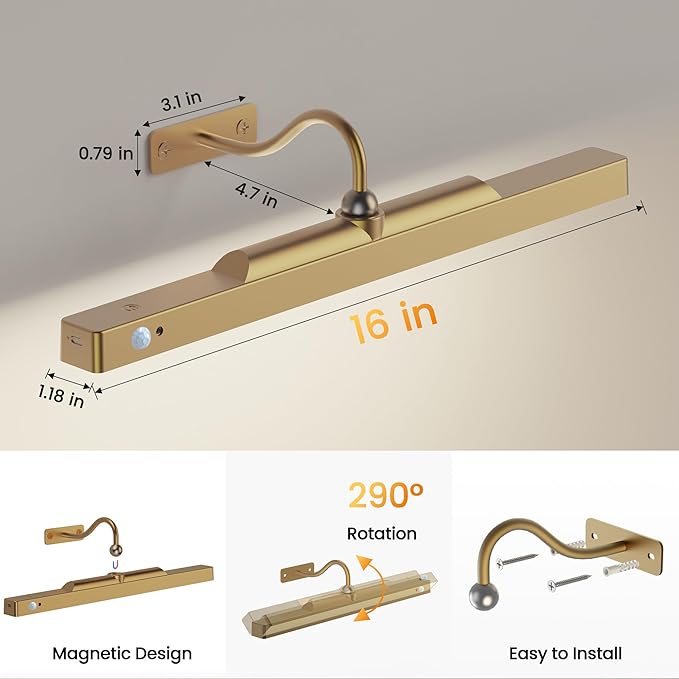 Battery Operated Gallery Lights for Wall Brass– Motion Sensor Picture Light, 5000mAh Wireless and Dimmable 3CCT Art Light Over Frame, Paintings, Photos, Mirrors (2Pack)
