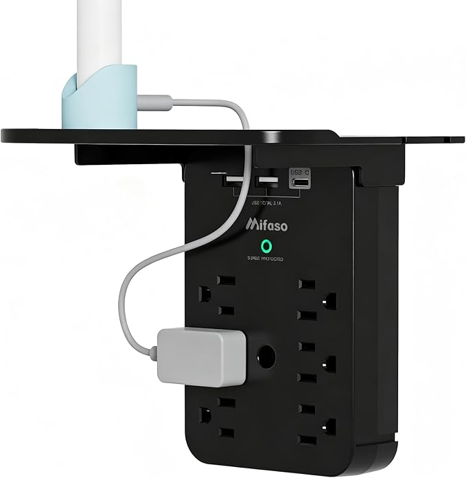 Wall Outlet Extender with Shelf, Surge Protector 6 AC Multi Plug Outlet, 3 USB Charger Station Splitter Expander for Home Bathroom, Black