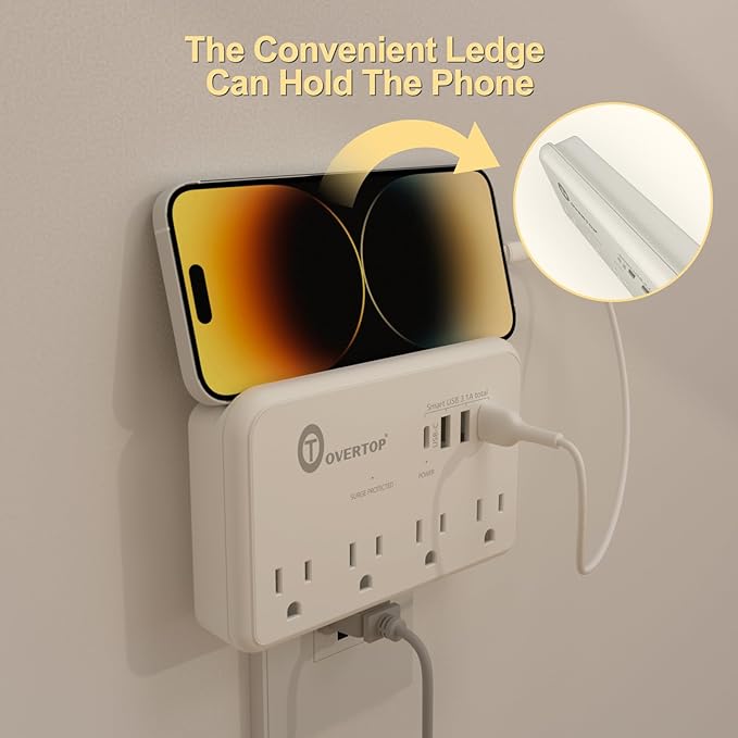 Overtop Wall Outlet Extender, 1800Joules Electrical Surge Protector, 4 AC Outlet Splitter with 4 USB Ports(1 USB C), Small Multi Plug Wall Charger for Home Office Travel Dorm