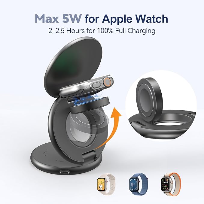 KU XIU X63 3 in 1 Charging Station for Apple, Aluminum Alloy Foldable Magnetic Wireless Charger, Travel Charger for iPhone 17/16/15/14/13/12 Series, Apple Watch & AirPods (with 20W Adapter)-Gray