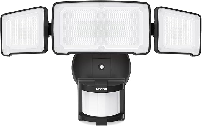 LEPOWER LED Motion Sensor Security Lights, 3 Head Motion Detected, 38W, 4200LM, Waterproof IP65, 5500K, Full Metal for Outdoor, Garage, Porch, Yard (Black)