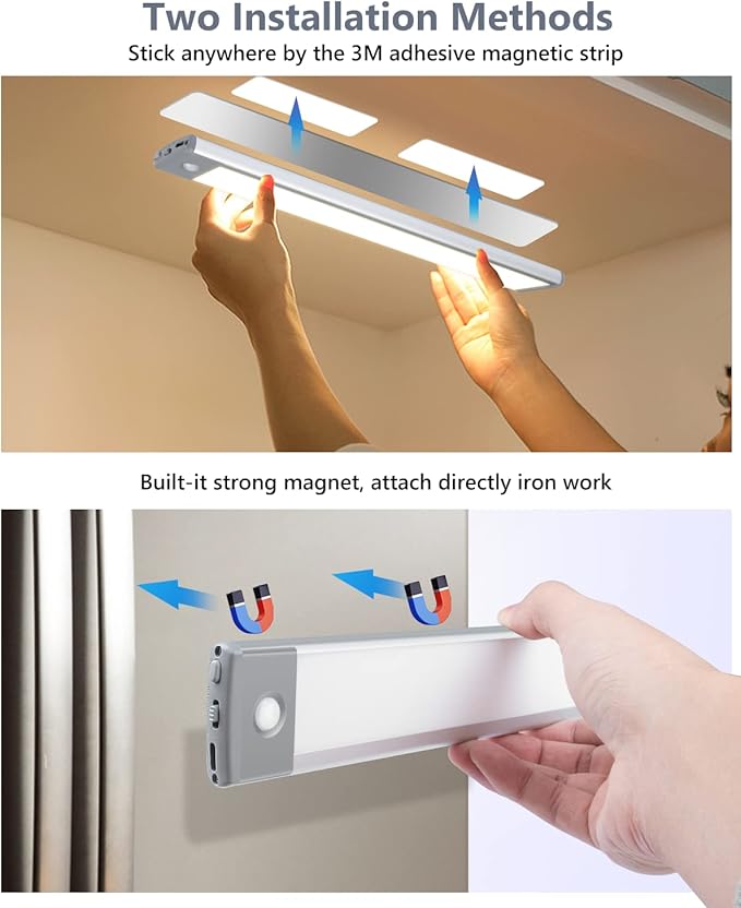 PRIORARE Motion Sensor Under Cabinet Lighting 3 Color Temperatures, 60-LED Wireless Closet Light, USB-C Rechargeable Battery Powered Operated Lights, Magnetic Activated Cupboard Night Light 2 Pack