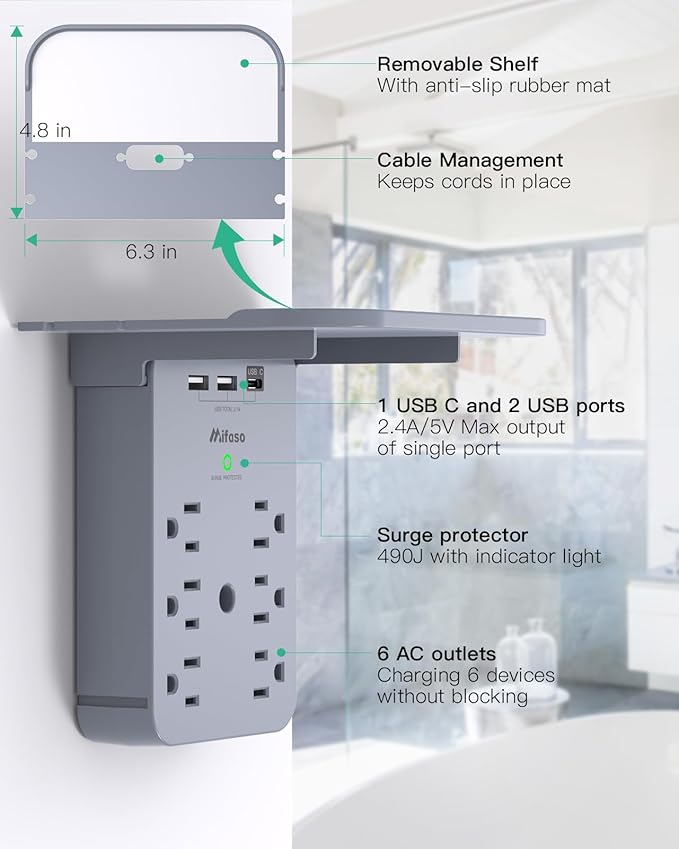 Wall Outlet Extender with Shelf, Surge Protector 6 AC Multi Plug Outlet, 3 USB Charger Station Splitter Expander for Bathroom Home, Grey