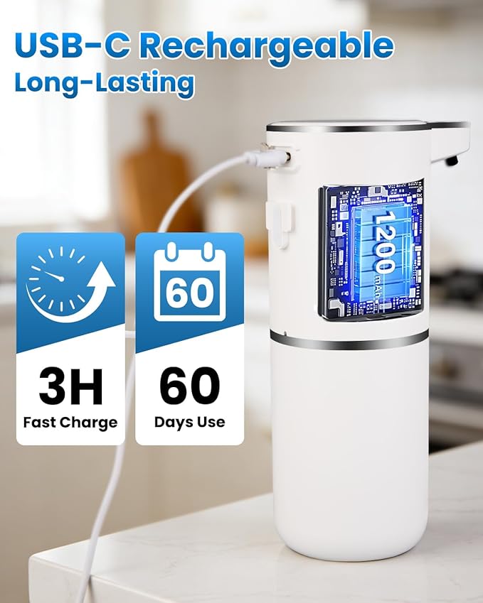 Automatic Liquid Soap Dispenser Touchless, USB Rechargeable Hand Soap Dispenser, 4 Adjustable Volume Levels, IPX5 Waterproof, 12.8oz/380ml Wall Mounted for Bathroom Kitchen Countertop, White