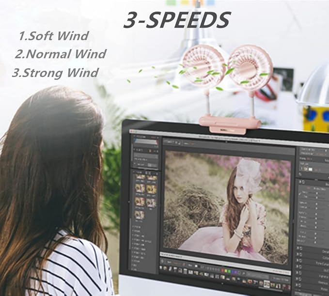 Desktop Fan, Monitor Clip on Fan with 2 Fan Heads, 3 Speeds Office Desk fan USB Powered Cooling Fan with Sturdy Adjustable Clamp, Strong Wind Quiet Personal USB Small Fan for Laptops, Desktop.