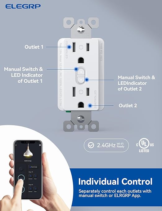 ELEGRP Smart Plug, Smart in-Wall Outlet Compatible with Alexa and Google Assistant, 2.4GHz Wi-Fi Smart Receptacle with Energy Monitoring, No Hub Required, UL Listed, White, 1 Pack