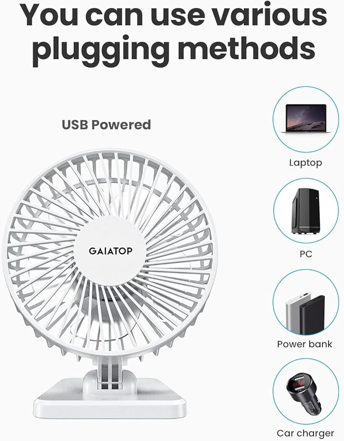 Gaiatop USB Desk Fan, Small But Powerful, Personal Portable Quiet 3 Speeds, Adjustable Mini Table Desktop fan for Cooling Home Office Car Summer Travel Gifts White