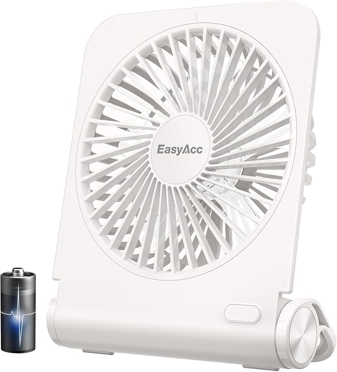 EasyAcc Small Travel Desk Fan, 4000 mAh Slim Portable Fan for Slumber Pod Camping, 180°Tilt Folding, Fully Foldable, Rechargeable, Office Desktop Desk Camping Travel Accessories