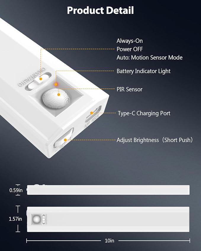 10inch Under Cabinet Lighting, 68 LED Rechargeable Motion Sensor Light Indoor, 6 Levels Dimmable Magnetic Closet Lights, Wireless Under Counter Lights for Kitchen, Stairs, Bedroom, 4-Pack Daylight