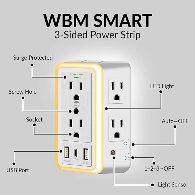 WBM Smart Multi Plug Outlet, Surge Protector, 6-Outlet Extender with 2 USB Charging Ports, USB-C & Night Light, 3-Sided Power Strip with Adapter Spaced Outlets - 2 Count, White