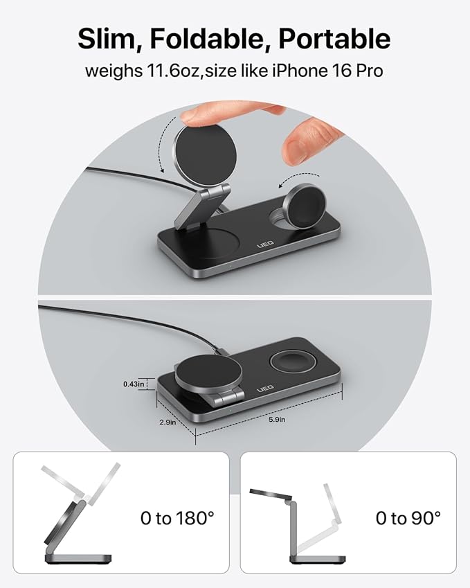UEQ Foldable 3 in 1 Wireless Charging Station for Apple Magsafe Charger Stand,Fast Magnetic Wireless Charger Station for iPhone 17 Air 16 15 14 13 12 Series,Airpods Pro,Apple Watch Ultra (Pure Black)