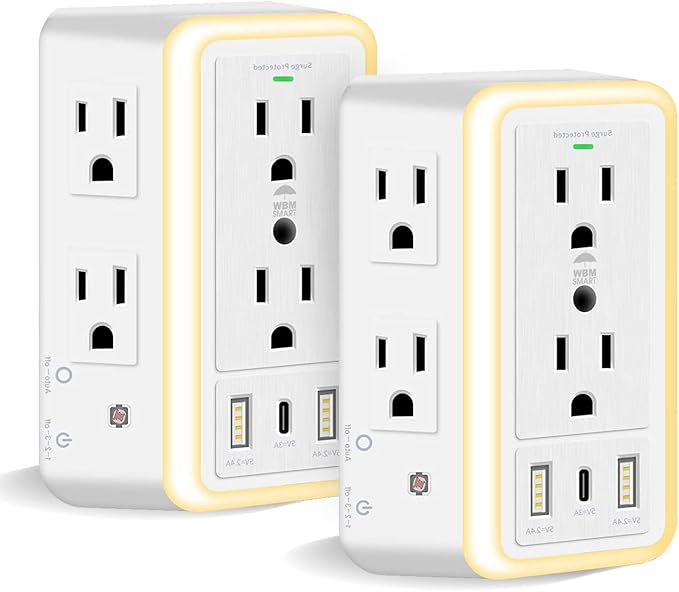 WBM Smart Multi Plug Outlet, Surge Protector, 6-Outlet Extender with 2 USB Charging Ports, USB-C & Night Light, 3-Sided Power Strip with Adapter Spaced Outlets - 2 Count, White