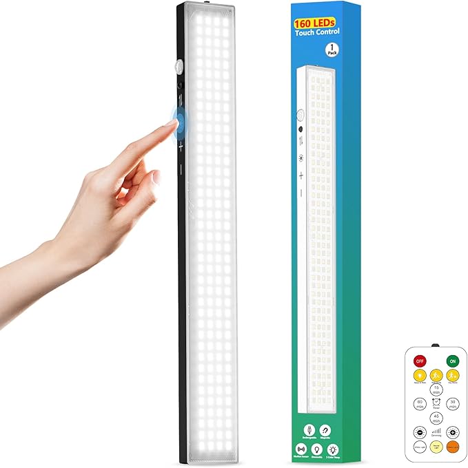 12inch 1Pack Touch Control Under Cabinet Lighting, 160LED Super Bright, 4000mAh Long-Lasting, Magnetic Rechargeable Motion Sensor Under Counter Lights for Kitchen, Closet, Remote, Dimmable, 3CC丨Black