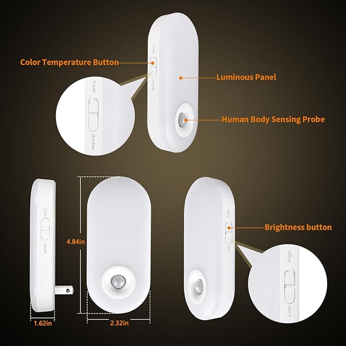 Dawnrise Night Lights Plug into wall, Motion Sensor Night Light Plug in Indoor, 38 LED Dimmable 100LM or 10LM and 2 Color Temperature Lights for Bedroom, Stairs, Kitchen, Hallway, Utility Room 2PK