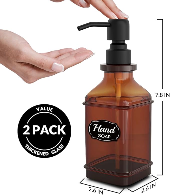 LMQML Soap Dispenser - 2 Pack, Antique Design Thick Amber Glass Hand Soap Dispensers with Sturdy Tray; 304 Rust Proof Stainless Steel Black Pump, 12Pcs Stickers, for Kitchen, Bathroom- Black
