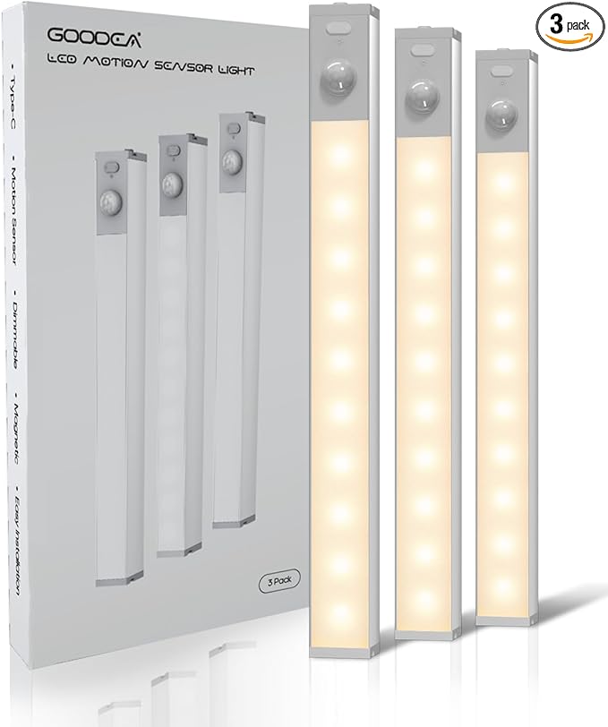 GOODEA 3 Pack Led Under Cabinet Lights Wireless, 7’’ Rechargeable Motion Sensor Light Indoor, Dimmable Closet Lights for Cabinets, Bookshelf, Stair, Hallway Warm White