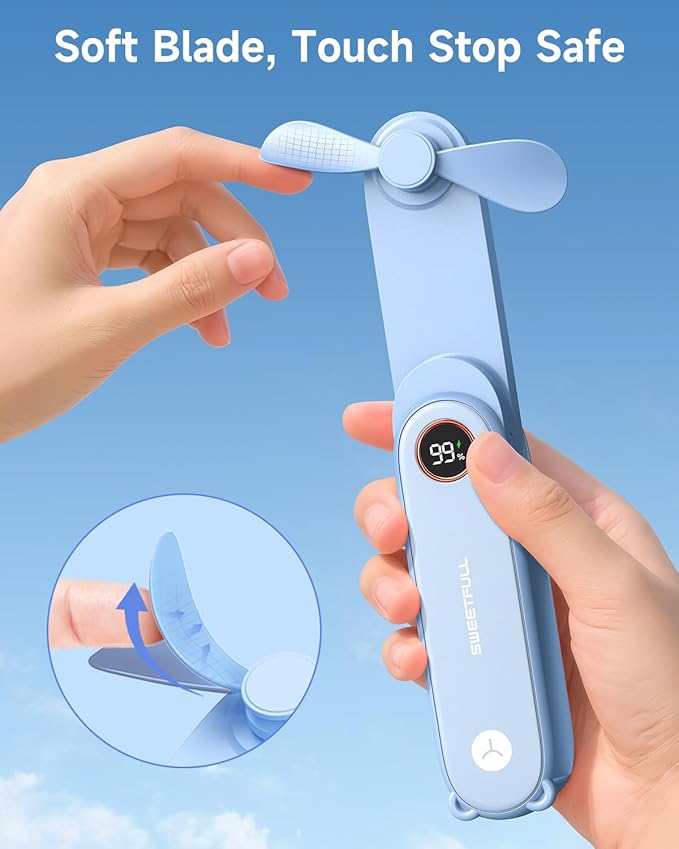 SWEETFULL Portable Handheld Mini Fan with LED Display, 3-in-1 Personal Foldable USB Rechargeable Hand Held Fan & Flashlight for Travel, Lash Eyelash, Cute Small Pocket for Women, Girls
