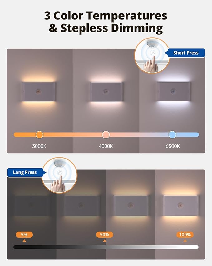 wowatt 3CCT Rechargeable Stair Lights Indoor, White Stairway Lights Indoor with Magnetic Mount, Dimmable Stair Lights Motion Sensor for Stairway, Hallway, Kitchen, Bathroom(6 Packs)