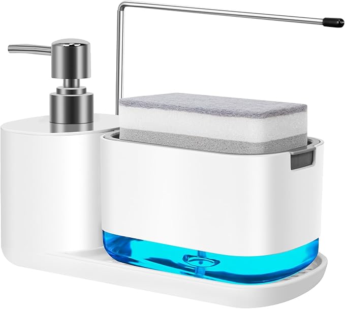 Dish Soap Dispenser Set 4-in-1 Soap Dispenser for Kitchen Sink with Detachable Sponge Included Dish Liquid Dispenser, Bathroom Soap Dispenser, White