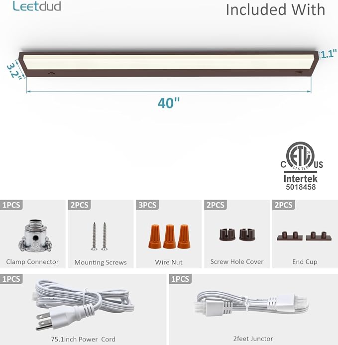 Leetdud LED Under Cabinet Lighting Hardwired or Plug in, 40 Inch 20W, Dimmable 5 Color 2700K/3000K/3500K/4000K/5000K, Linkable Eyes Care Design Counter Lights for Kitchen, Sink, ETL Listed, Bronze