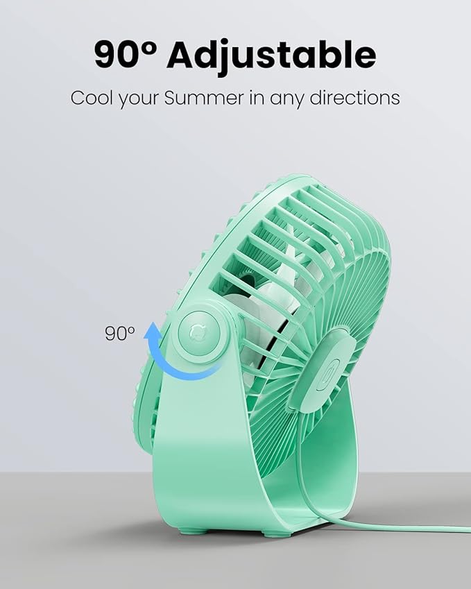 Gaiatop USB Desk Fan, 3 Speeds Strong Airflow, 5.5 Inch Portable 90° Rotate Quiet Cooling, Small Personal Table Fans for Bedroom Home Office Travel Green