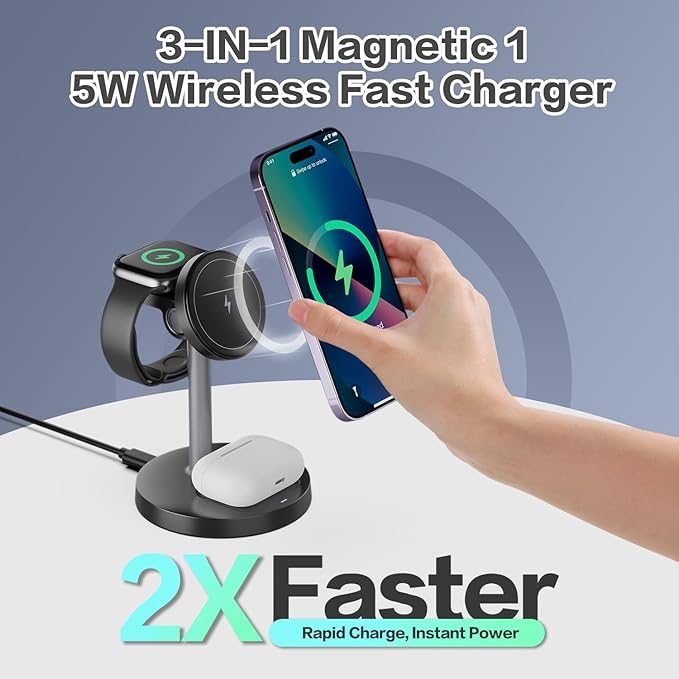 3 in 1 Wireless Charging Station Compatible with MagSafe, 15W Fast Charging Magnetic Mag-Safe Charger Stand for Apple iPhone 17 16 15 14 13 12Series Apple Watch AirPods Pro 4 3 2, Gifts for Men Dad