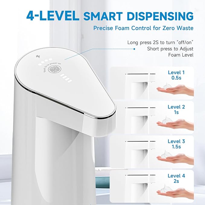 2026 Patent Edition Automatic Soap Dispenser Touchless, 300ml Hand Soap Dispenser with 4 Adjustable Foam Levels, IPX5 Waterproof Rechargeable Foaming Soap Dispenser for Kitchen & Bathroom