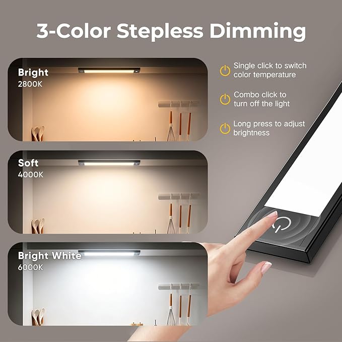 VST Under Cabinet Lighting Wireless 2 Pack, Rechargeable 1800mAh Motion Sensor LED Closet Light, 3 Color Temperature Dimmable, Magnetic Step Night Light for Kitchen Stairs Wardrobe
