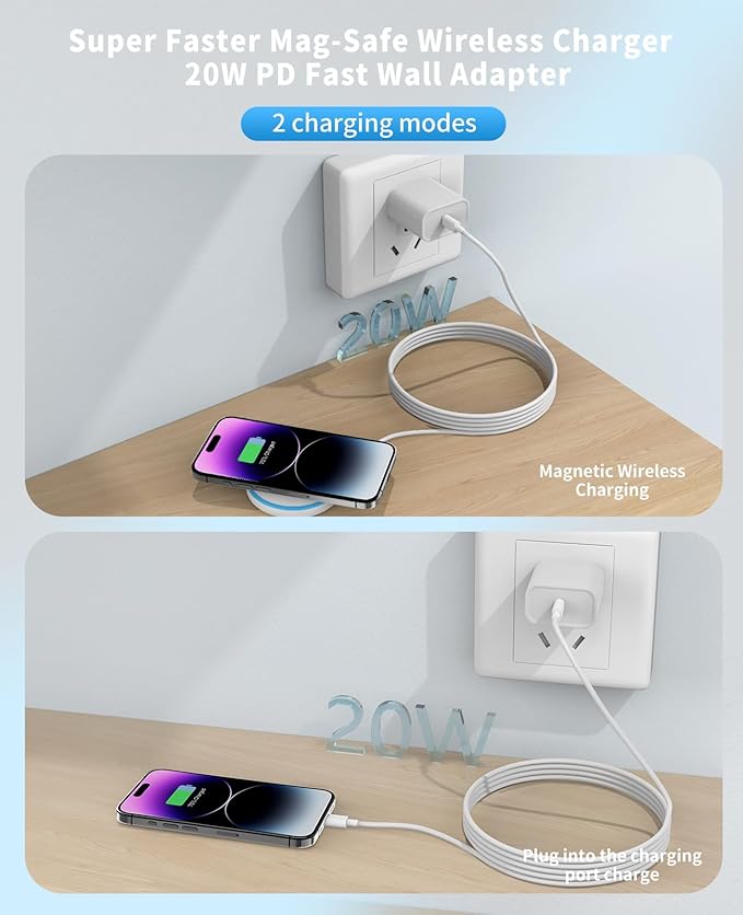 Magnetic Wireless Charger for iPhone 16 15 14 13 12 Series/AirPods 3/2/Pro 2/Pro - with 20W Power Adapter, 15W Wireless Mag-Safe Charging Pad and 6 FT USB-C to C Cable