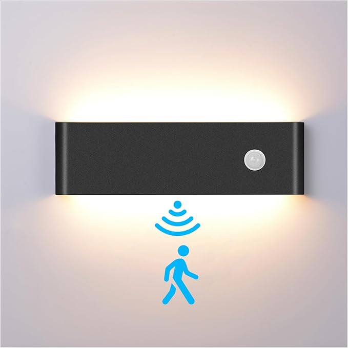 LED Hardwired Motion Sensor Light Indoor Wall Sconce, 12W Motion Sensor Wall Light Indoor Sconce Wall Aluminum Modern Wall Sconce for Living Room Hallway Stair (Black 3000K, 1 Pack)