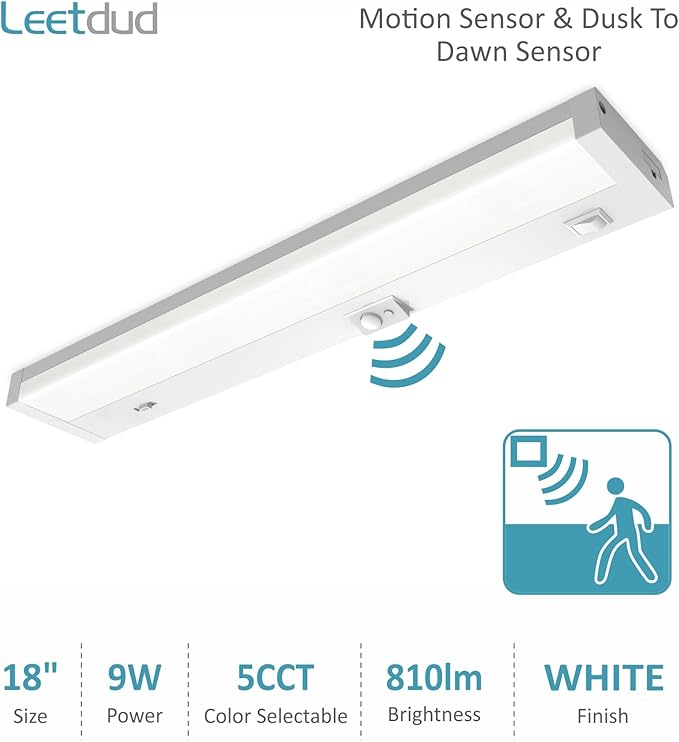 Leetdud Under Cabinet Lighting Motion Sensor Hardwired, 18 Inch 9W Dimmable, 5 CCT 2700/3000/3500/4000/5000K, Eyes Care Design Linkable Under Counter Lights for Kitchen, Sink, ETL Listed, White