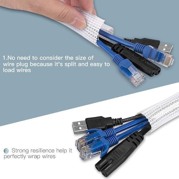 AGPTEK Cable Sleeve, 6.6ft - 2/3 inch Cable Management Desk Cord Cover Organizer Wire Hider for Home Office Computer TV Wire Loom Tubing Pet Proof Cord Protector from Cat Dog Chewing, White
