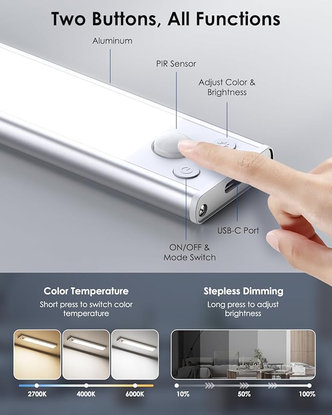 12in Under Cabinet Lighting Wireless, 2500mAh Rechargeable Motion Sensor Lights Indoor, Battery Operated Closet Lights with 3 Color Tempers 108 LED, Dimmable Cabinet Lights for Kitchen Hallway, 5 Pack