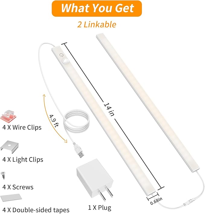 14" Slim USB Plug-in LED Motion Sensor Light Indoor, Bright & Dimmable Under Cabinet Light - 3 Modes (ON/Night/Day) for Kitchen, Cabinet, Closet - 4000K Neutral White, 1 Pack (2 Linkable)