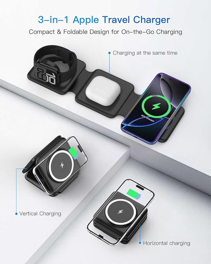 Magnetic Wireless Charger for iPhone: Fodable 3 in 1 Charging Station for Multiple Apple Devices - Travel Charging Pad Dock for Apple Watch iPhone 17 16 15 14 13 12 Pro Max Plus & Airpod