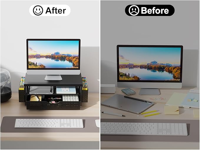 gianotter Monitor Stand Riser, Office Desk Shelf Organizer, Desk Organizer with Drawer and Pen Holder, 2-Tier Computer Stand, Office Organization (Ink)