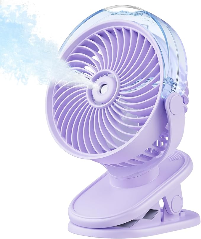 SWEETFULL Portable Misting Clip On Fan, USB-C Rechargeable Mini Personal Cooling Fan with 4 Speeds, 360° Rotatable, Quiet Cooling for Outdoor, Camping, Golf Cart, Travel, Stroller & Desk (Purple)