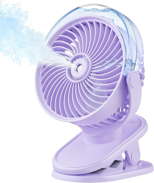 SWEETFULL Portable Misting Clip On Fan, USB-C Rechargeable Mini Personal Cooling Fan with 4 Speeds, 360° Rotatable, Quiet Cooling for Outdoor, Camping, Golf Cart, Travel, Stroller & Desk (Purple)