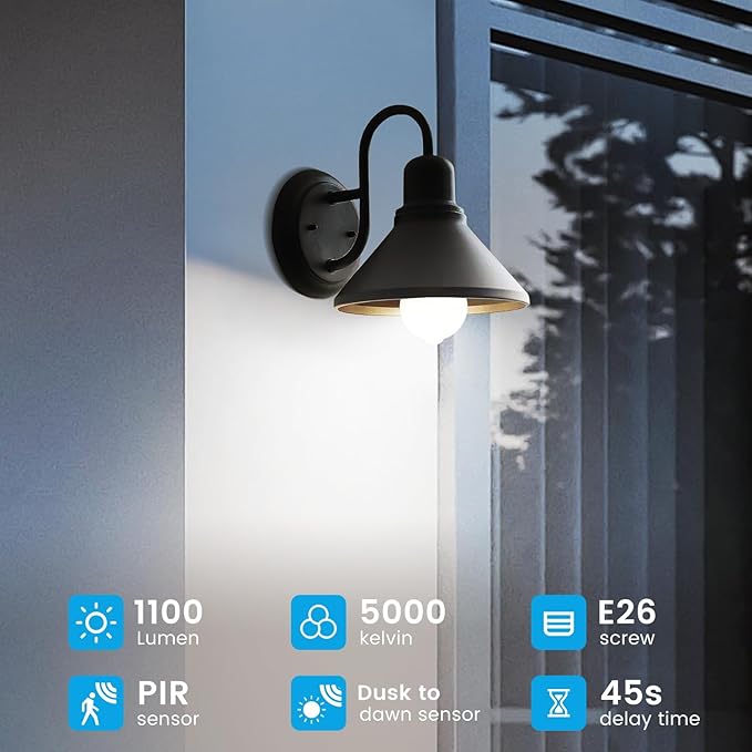 Motion Sensor Light Bulbs, Dusk to Dawn, 13W 100W Equivalent, Movement Activated Security LED Bulb, 5000K Cool White, for Outdoor Indoor, Porch Garage Basement Hallway Closet, 2 Pack
