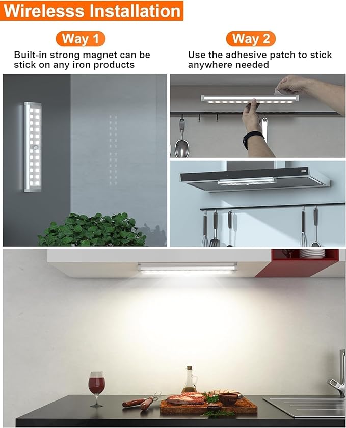 Diomart Under Cabinet Lighting, RGB Rechargeable Motion Sensor Light Indoor Night Lights, 58-LED Remote Control Under Counter Lights for Kitchen, Wardrobe, Hallway, Stairs, Desk (4 Pack)