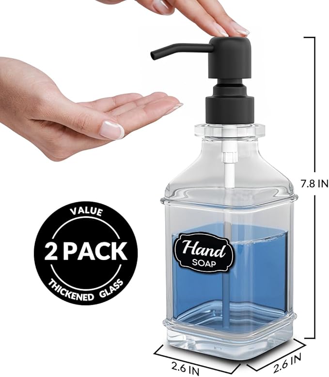 LMQML Soap Dispenser - 2 Pack, Antique Design Thick Glass Hand Soap Dispensers with Sturdy Tray; 304 Rust Proof Stainless Steel Black Pump, 12Pcs Stickers, for Kitchen, Bathroom