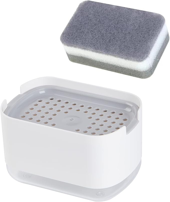 10oz Dish Soap Dispenser for Kitchen Sink with Sponge Holder Push Down Pump Caddy Tray Container Set Dishwashing Liquid Detergent Organizer on Countertop Travel Trailer - White