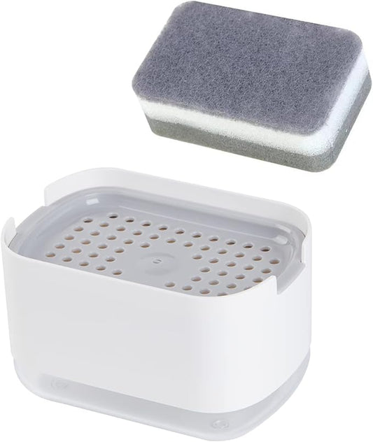 10oz Dish Soap Dispenser for Kitchen Sink with Sponge Holder Push Down Pump Caddy Tray Container Set Dishwashing Liquid Detergent Organizer on Countertop Travel Trailer - White