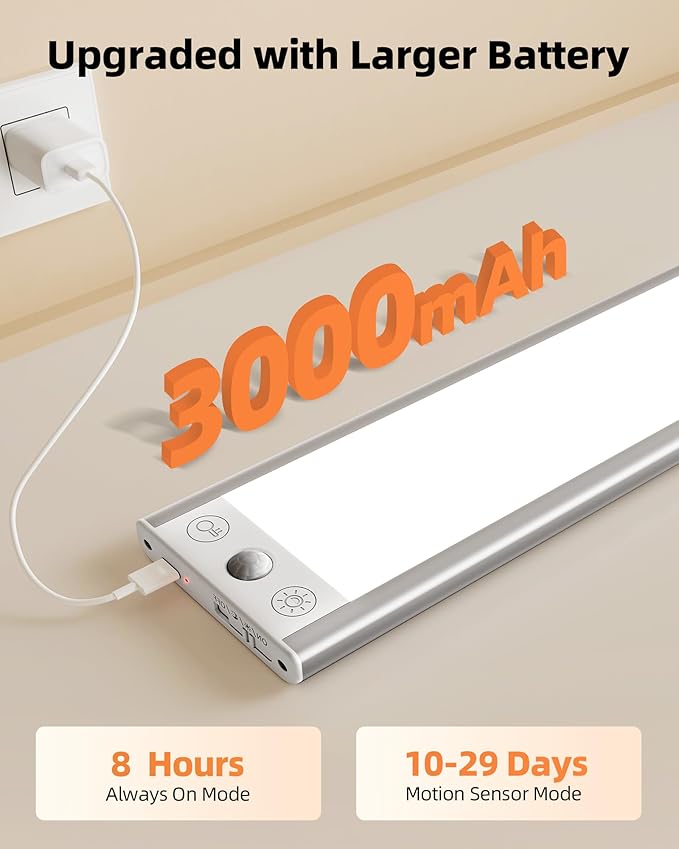 EZVALO 3000mAh Under Cabinet Lighting Wireless, 150LM Super Bright Motion Sensor Light, Rechargeable Under Counter Lights for Kitchen, Dimmable Closet Light with 3-Inch Ultra-Wide Panel 2Pack