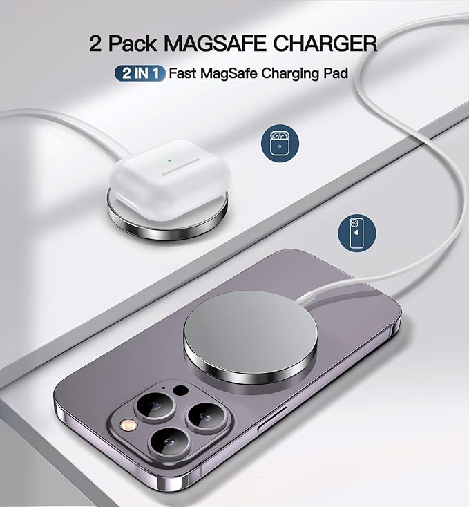 Magnetic Wireless Charger 15W Fast Mag Safe Charger for Cell iPhone 17 Pro Max/17 Pro/17 Air/17/16/15/14/13/12 Series 2 Pack Charging Pad for AirPods 3/2/Pro 2/Pro Original Replacement