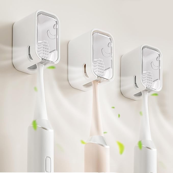 3 Pack Toothbrush Holders for Bathroom, Self Adhesive Wall Mounted Toothbrush Holder with Cover, Single Toothbrush Dispenser Storage Organizer for Family, Travel, Waterproof and Dustproof (White)